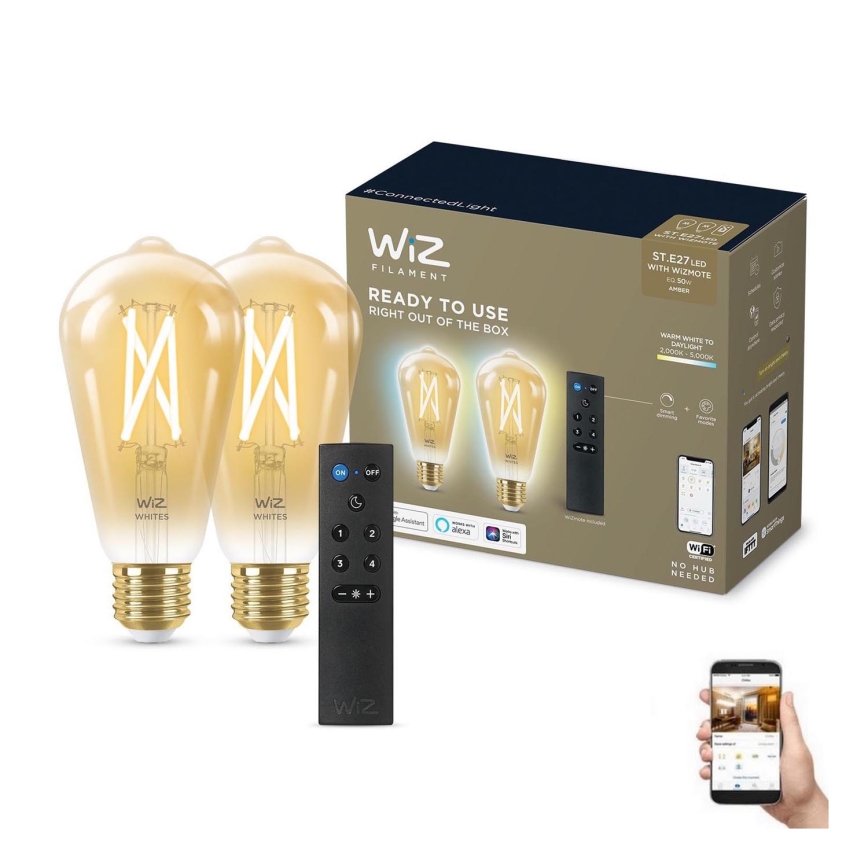 LOT 2x Ampoule à intensité variable LED ST64 E27/7W/230V 2000-5000K CRI 90 Wi-Fi + télécommande - WiZ