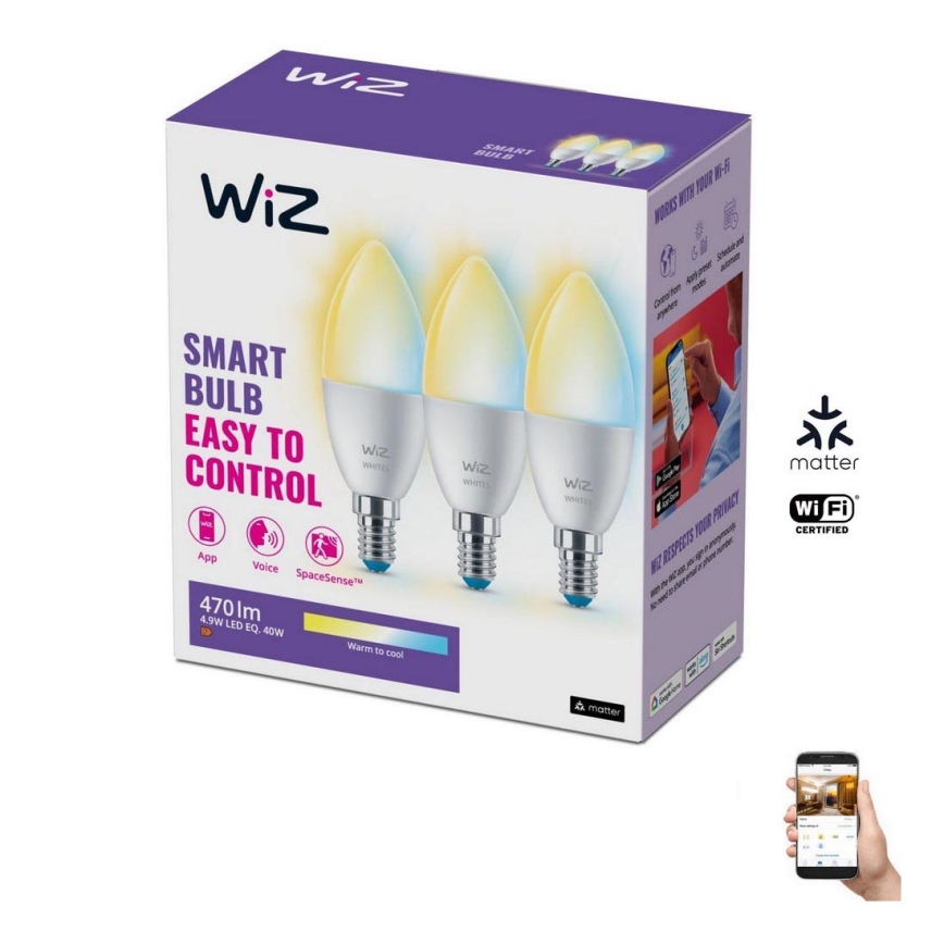 LOT 3x Ampoule à intensité variable LED C37 E14/4,9W/230V 2700-6500K CRI 90 Wi-Fi - WiZ