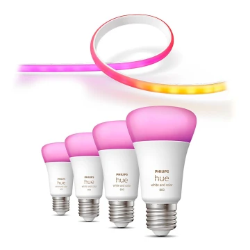 LOT - Ruban RGBW à intensité variable Philips Hue WHITE AND COLOR AMBIANCE 2m LED/20W/230V + 4x Ampoule à intensité variable Philips A60 E27/6,5W/230V 2000-6500K