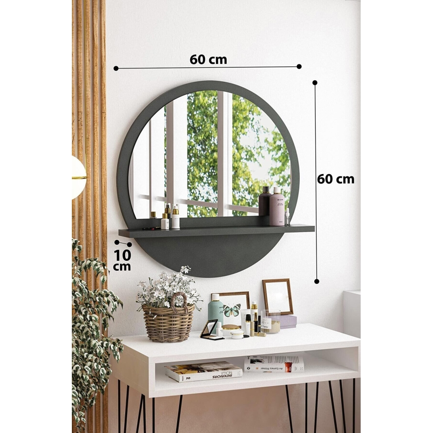 Miroir mural avec une étagère d. 60 cm anthracite