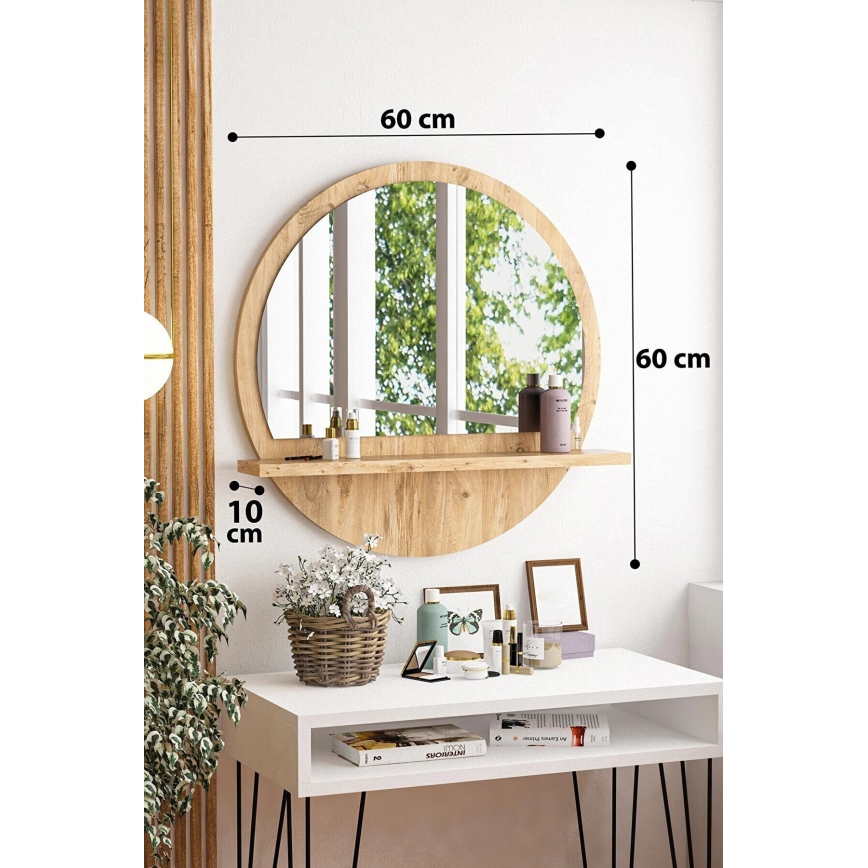 Miroir mural avec une étagère d. 60 cm pin atlantique