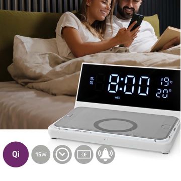 Réveil avec écran LCD et chargeur sans fil 15W/230V blanc