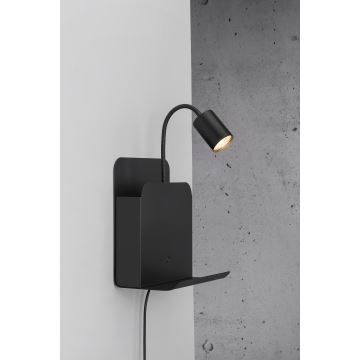 Nordlux - Spot mural avec étagère et USB ROOMI 1xGU10/8W/230V noir