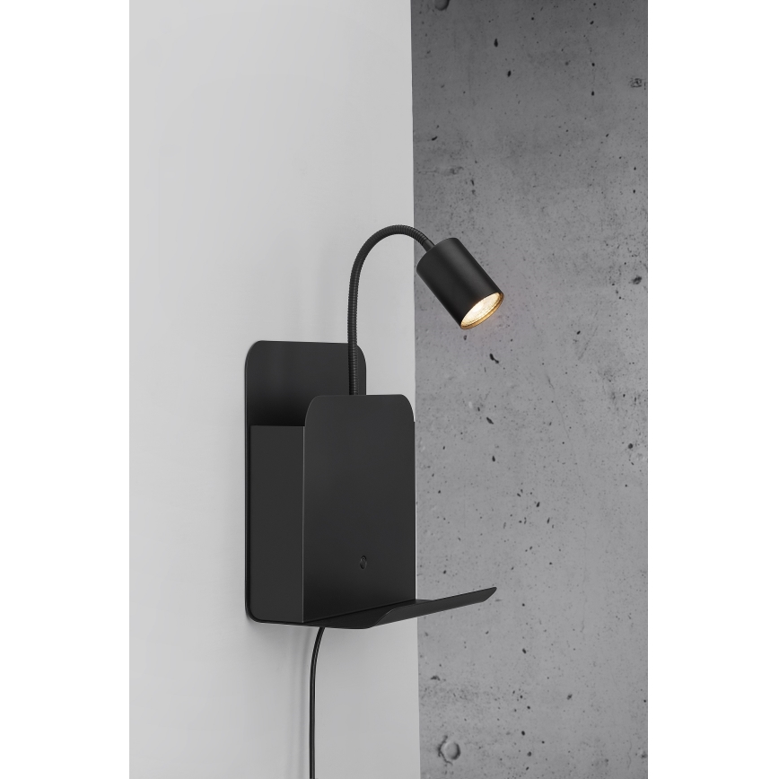 Nordlux - Wandspot met plank en USB ROOMI 1xGU10/8W/230V zwart