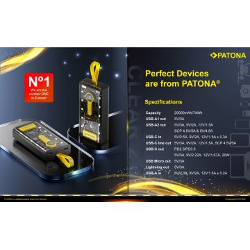 PATONA - Powerbank met geïntegreerde kabels 20000 mAh Li-Pol