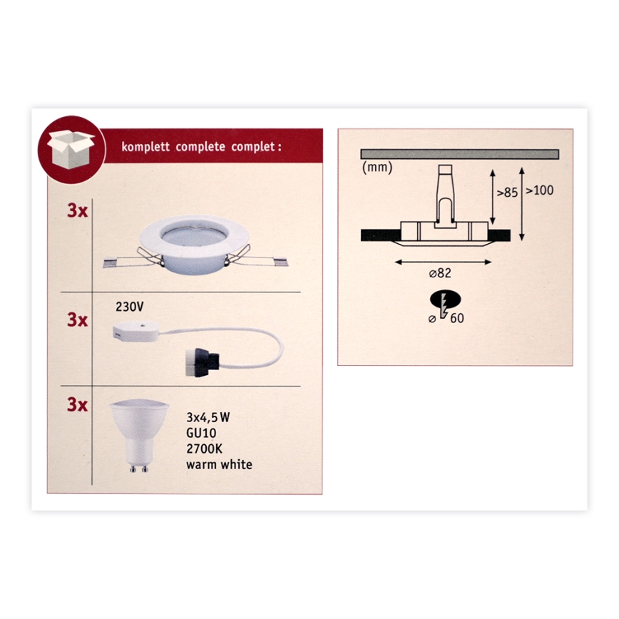 Paulmann 93655 - LOT 3x Luminaire encastré LED GU10/4,5W/230V