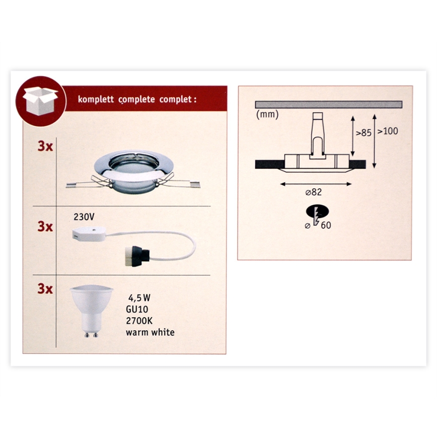 Paulmann 936557 - LOT 3x Luminaire encastré LED GU10/4,5W/230V