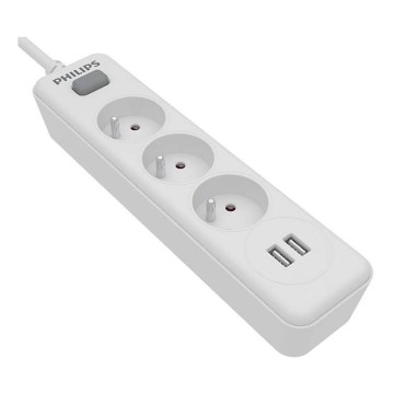 Philips SPN3032WA/60 - Verlengsnoer met schakelaar 3Z + 2xUSB-A 2m wit