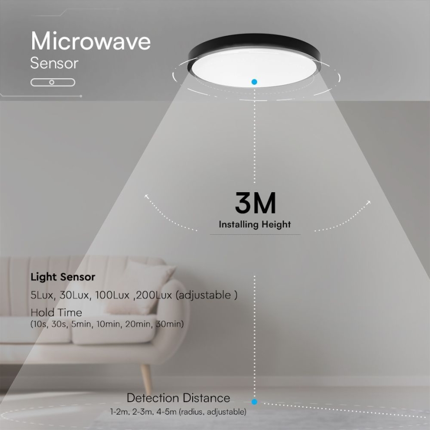 Plafonnier salle de bain avec détecteur SAMSUNG CHIP LED/18W/230V IP44 4000K d. 29 cm noir + télécommande