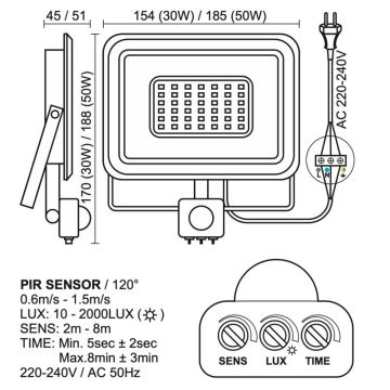 Projecteur extérieur avec détecteur LED/50W/230V 4000K IP44 noir