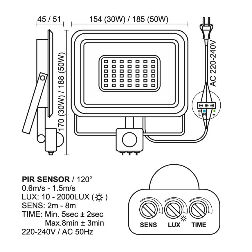 Projecteur extérieur avec détecteur LED/50W/230V 4000K IP44 noir