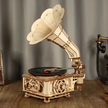 RoboTime - Puzzle 3D mécanique en bois Gramophone (mécanisme manuel)