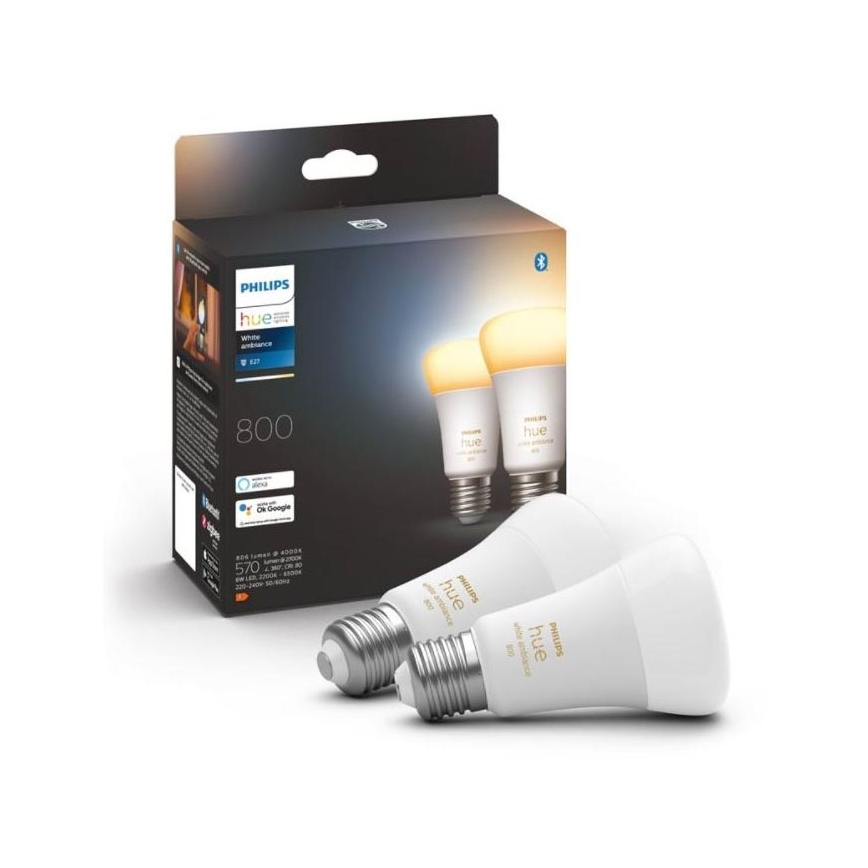 SET 2x Dimbare LED Lamp Philips Hue WHITE AMBIANCE E27/6W/230V 2200-6500K