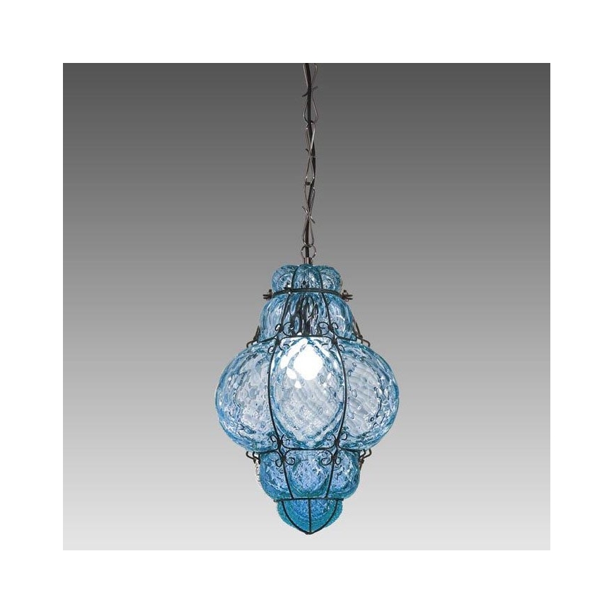 SIRU- Hanglamp aan een ketting CLASSIC 1xE27/60W/230V diameter 30 cm blauw/zwart Venetiaans glas