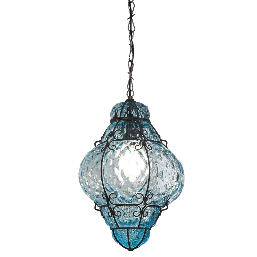 SIRU- Hanglamp aan een ketting CLASSIC 1xE27/60W/230V diameter 30 cm blauw/zwart Venetiaans glas