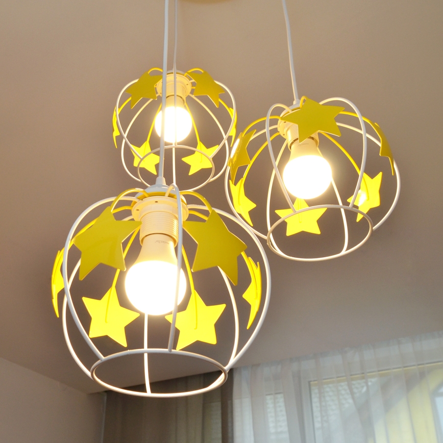 Suspension filaire enfant STARS 3xE27/15W/230V jaune/blanc