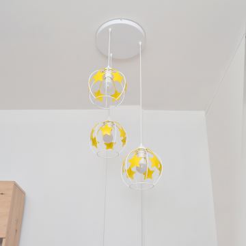 Suspension filaire enfant STARS 3xE27/15W/230V jaune/blanc