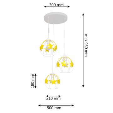 Suspension filaire enfant STARS 3xE27/15W/230V jaune/blanc