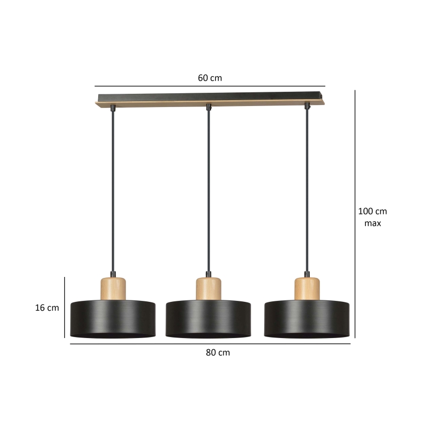 Suspension filaire TORIN 3xE27/15W/230V noir