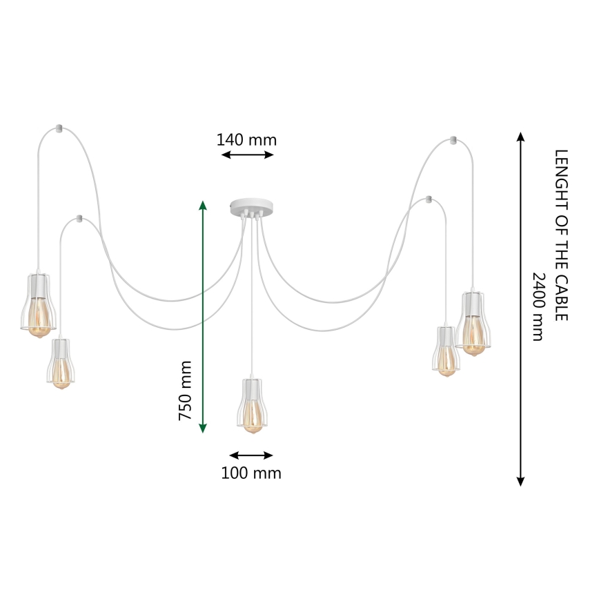 Suspension filaire TUBE LONG 5xE27/10W/230V blanc