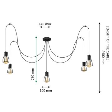 Suspension filaire TUBE LONG 5xE27/10W/230V noir