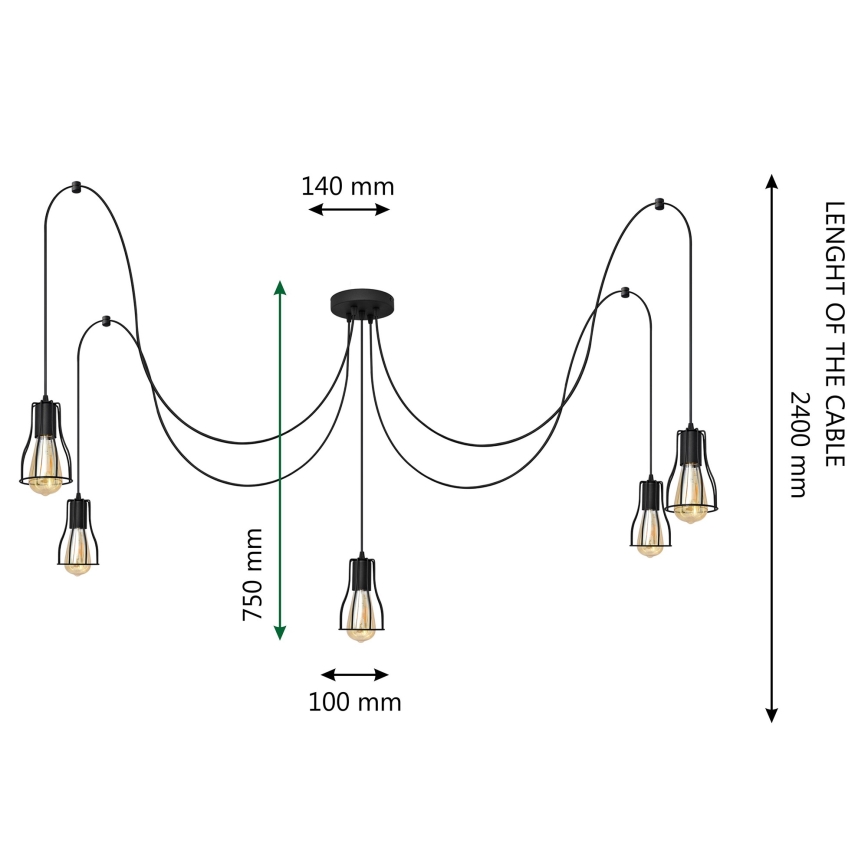 Suspension filaire TUBE LONG 5xE27/10W/230V noir